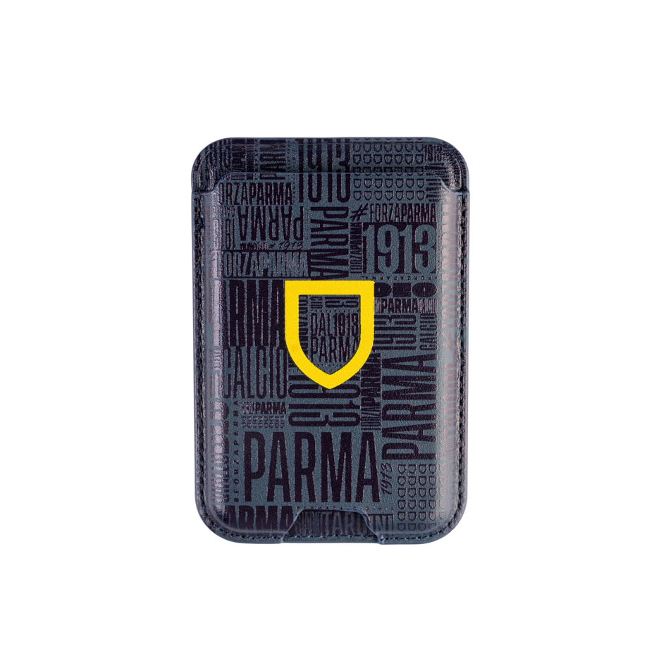 Portacarte magnetico con sfondo texture blu e logo scudetto stilizzato Parma Calcio
