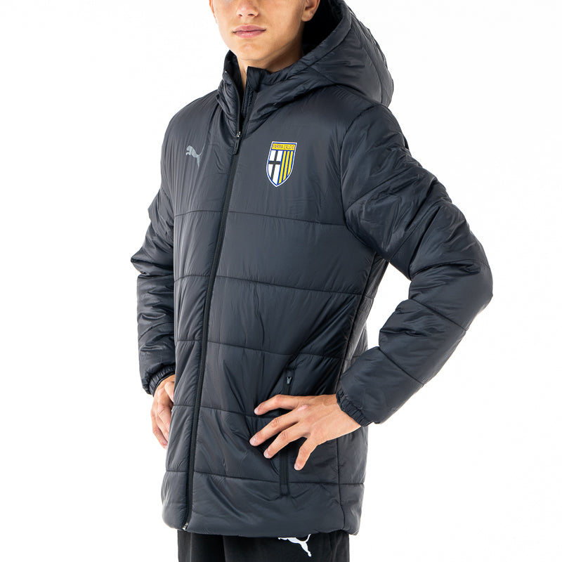Giacca invernale nera con tasche, cappuccio e logo Parma calcio