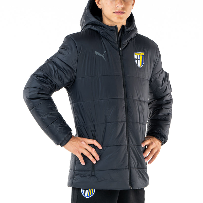 Giacca invernale nera con tasche, cappuccio e logo Parma calcio