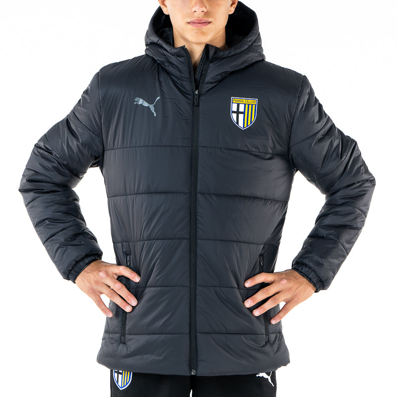 Giacca invernale nera con tasche, cappuccio e logo Parma calcio