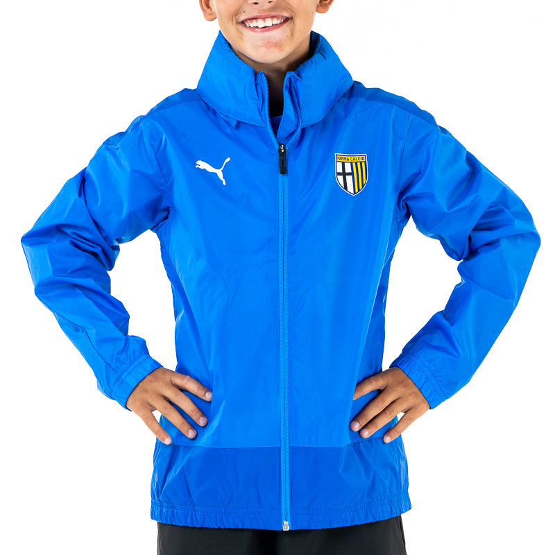 Giubbino antipioggia junior azzurro con zip tasche laterali e cappuccio a scomparsa e logo Parma Calcio
