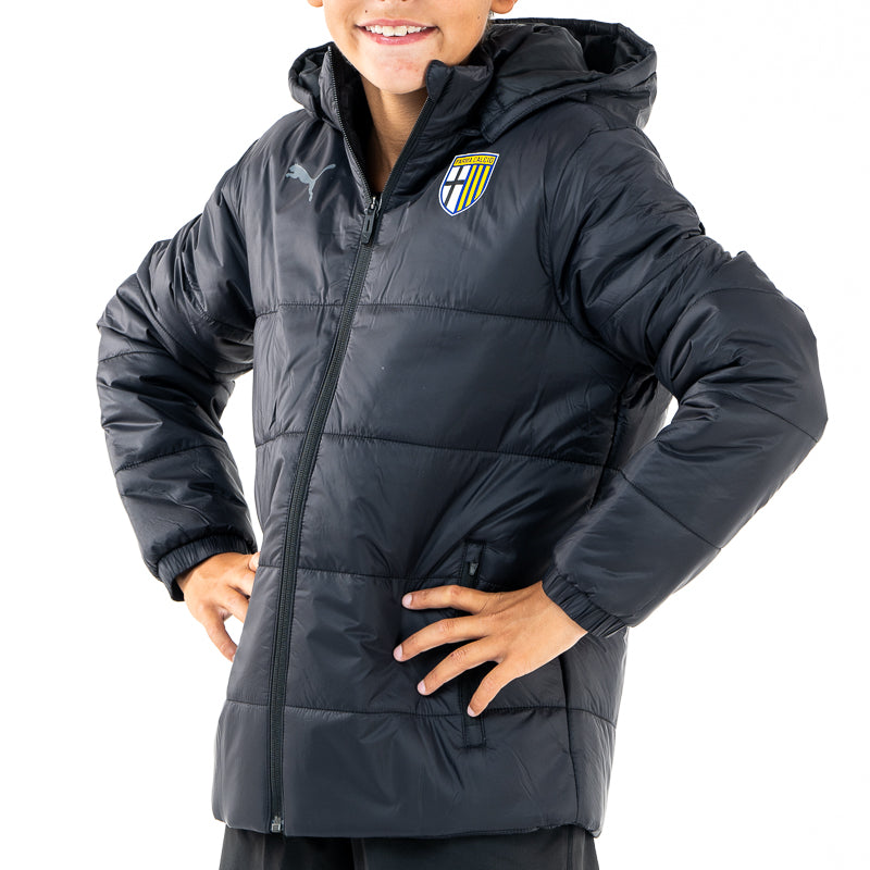 Giacca invernale junior nera con tasche, zip, cappuccio e logo Parma calcio