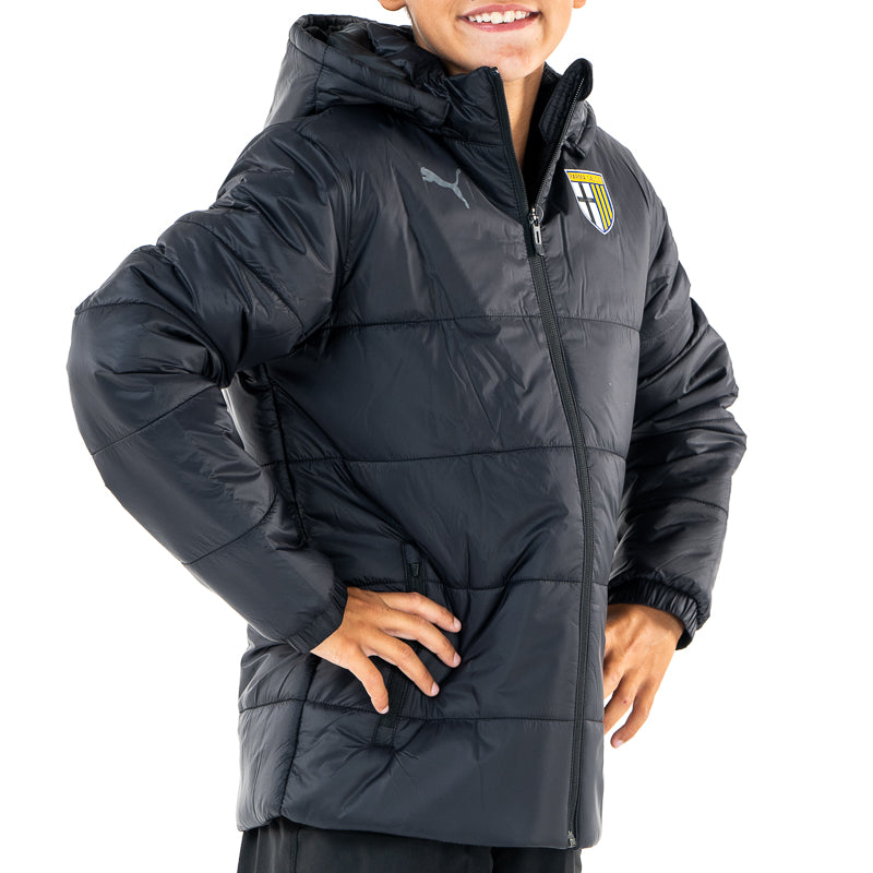 Giacca invernale junior nera con tasche, zip, cappuccio e logo Parma calcio