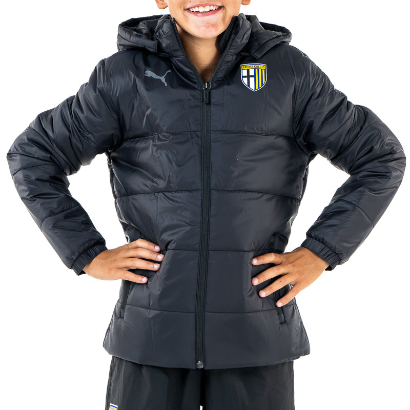 Giacca invernale junior nera con tasche, zip, cappuccio e logo Parma calcio