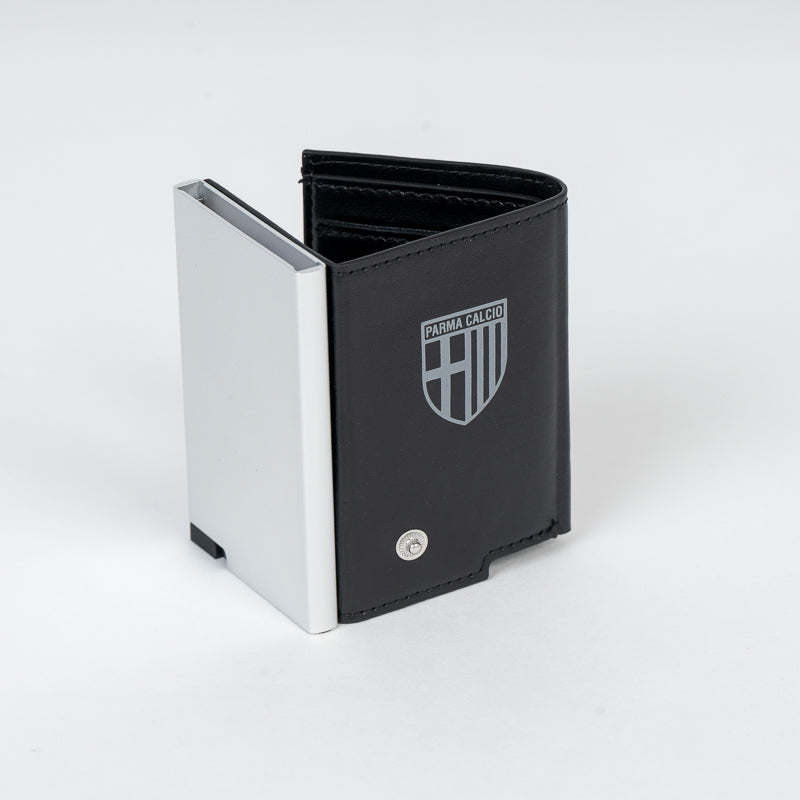 Portafoglio in similpelle nero e logo Parma Calcio in bianco con portacarte clip