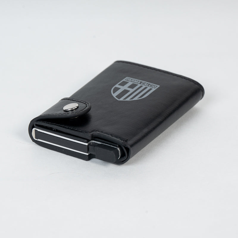 Portafoglio in similpelle nero e logo Parma Calcio in bianco con portacarte clip
