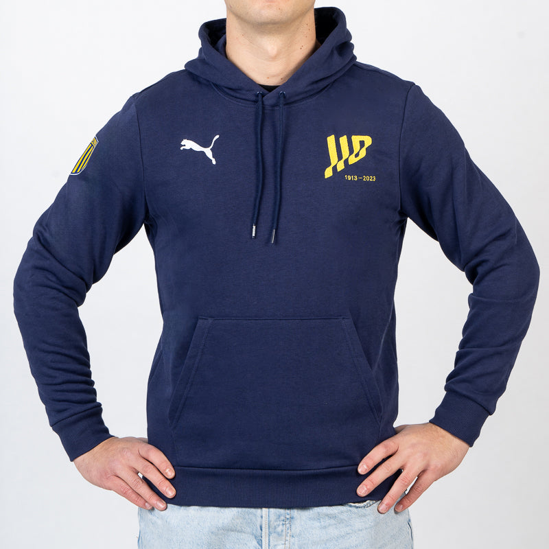 Felpa blu uomo in cotone con cappuccio tasca marsupio logo speciale 110 logo Puma e logo Parma Calcio sulla spalla destra