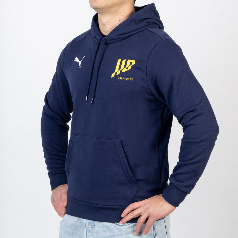 Felpa blu uomo in cotone con cappuccio tasca marsupio logo speciale 110 logo Puma e logo Parma Calcio sulla spalla destra