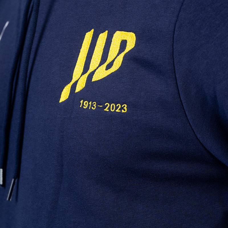 Felpa blu uomo in cotone con cappuccio tasca marsupio logo speciale 110 logo Puma e logo Parma Calcio sulla spalla destra