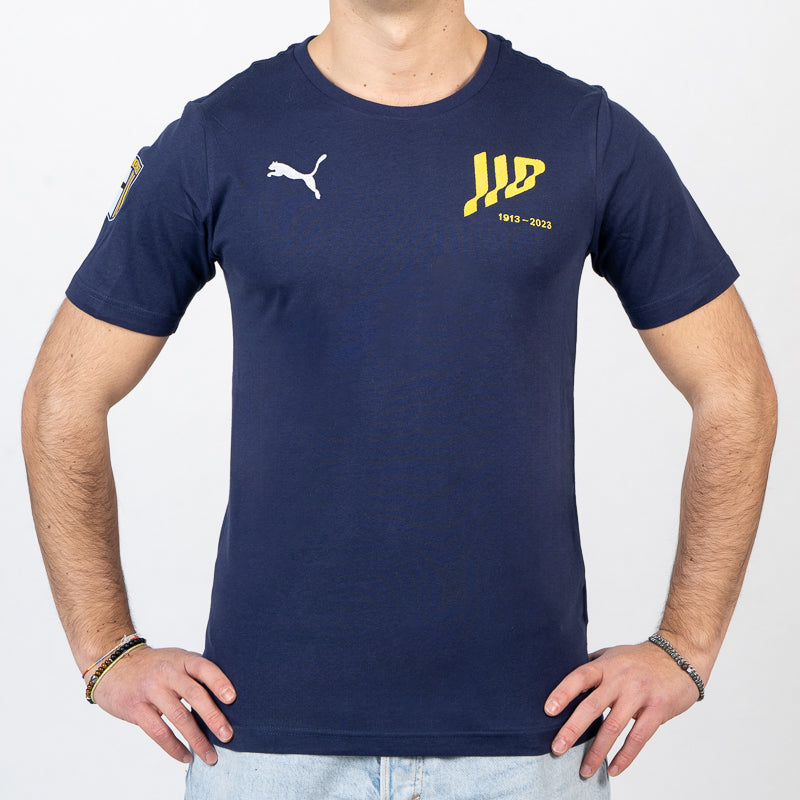 T-shirt blu uomo in cotone mezza manica con logo speciale 110 logo Puma e logo Parma Calcio sulla spalla destra