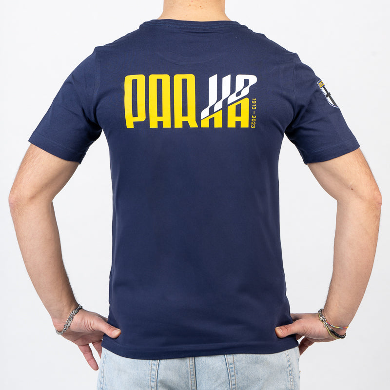 T-shirt blu uomo in cotone mezza manica con logo speciale 110 logo Puma e logo Parma Calcio sulla spalla destra