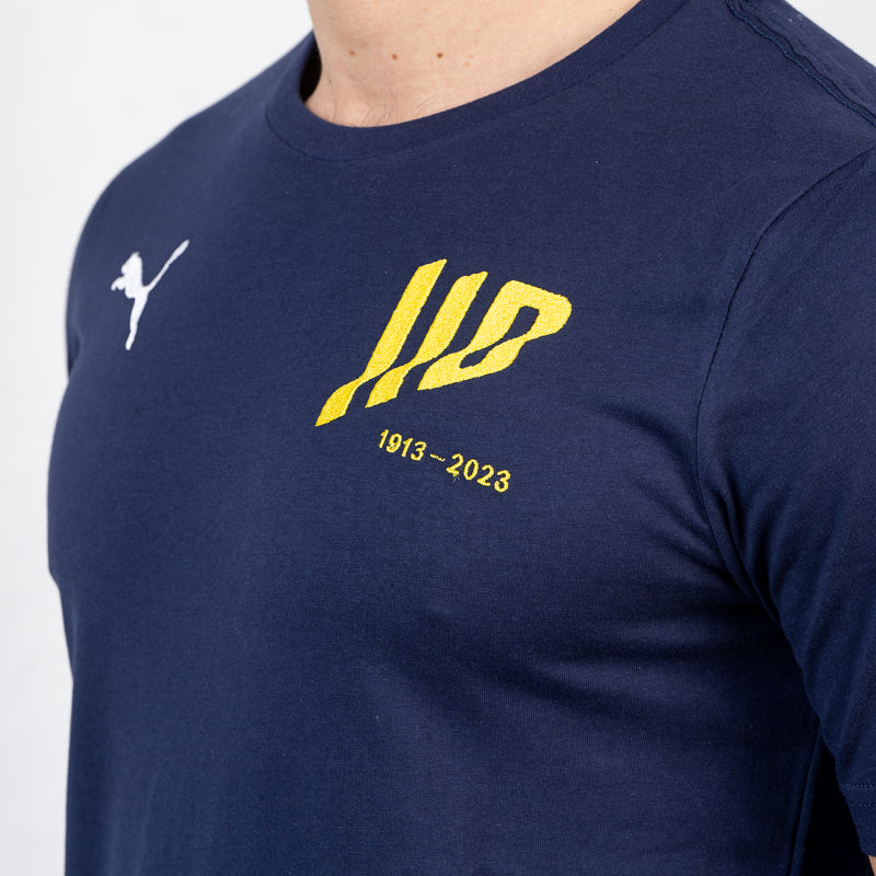 T-shirt blu uomo in cotone mezza manica con logo speciale 110 logo Puma e logo Parma Calcio sulla spalla destra