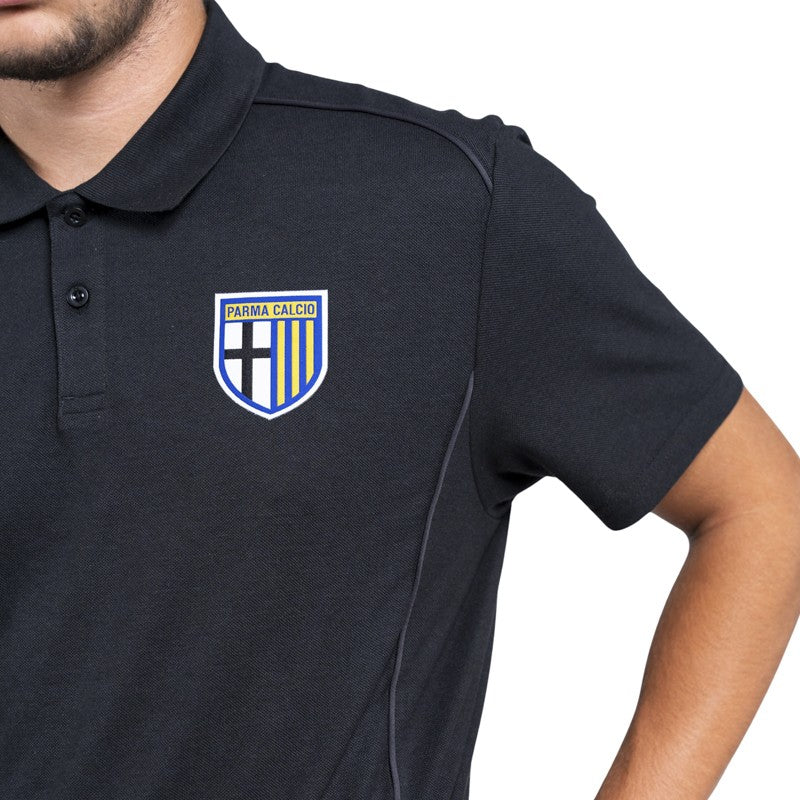 Polo adulto nera in cotone mezza manica con colletto reverse e dettaglio logo Parma Calcio