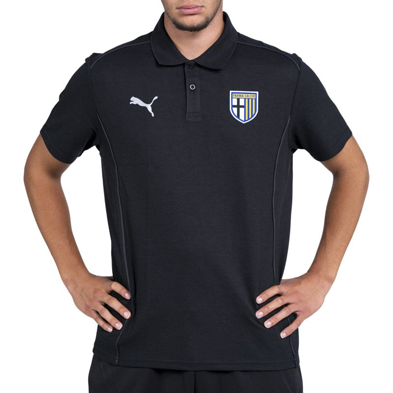 Polo adulto nera in cotone mezza manica con colletto reverse logo Parma Calcio e Puma