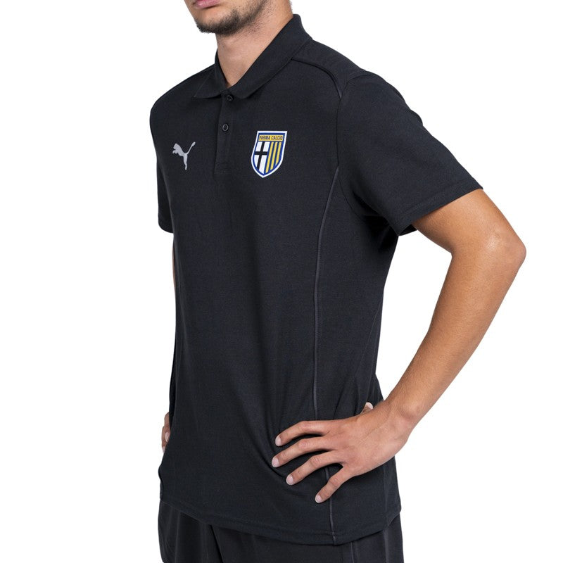 Polo adulto nera in cotone mezza manica con colletto reverse logo Parma Calcio e Puma