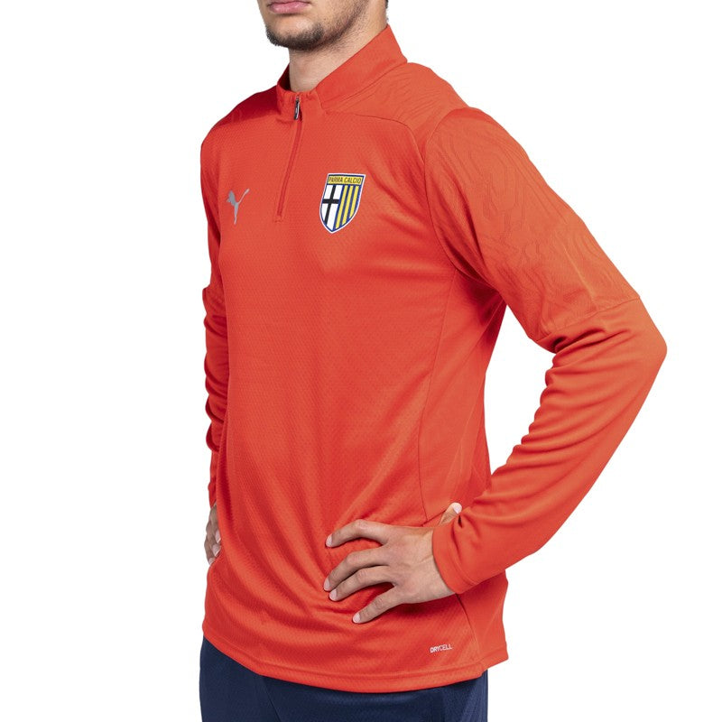 Felpa rossa training con 1/4 zip texture geometrica sulle spalle e logo Parma Calcio
