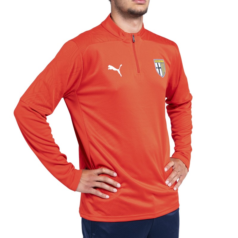 Felpa rossa training con 1/4 zip texture geometrica sulle spalle e logo Parma Calcio
