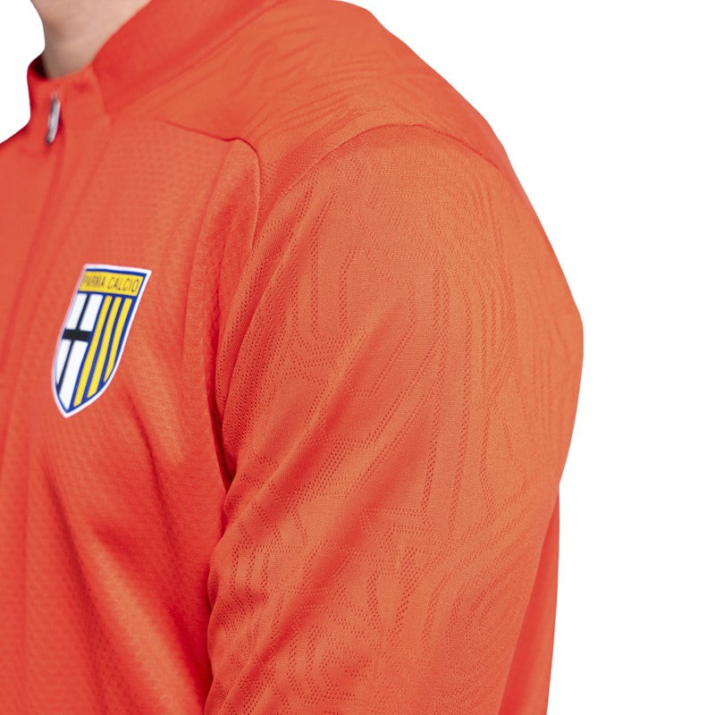 Felpa rossa training con 1/4 zip texture geometrica sulle spalle e logo Parma Calcio