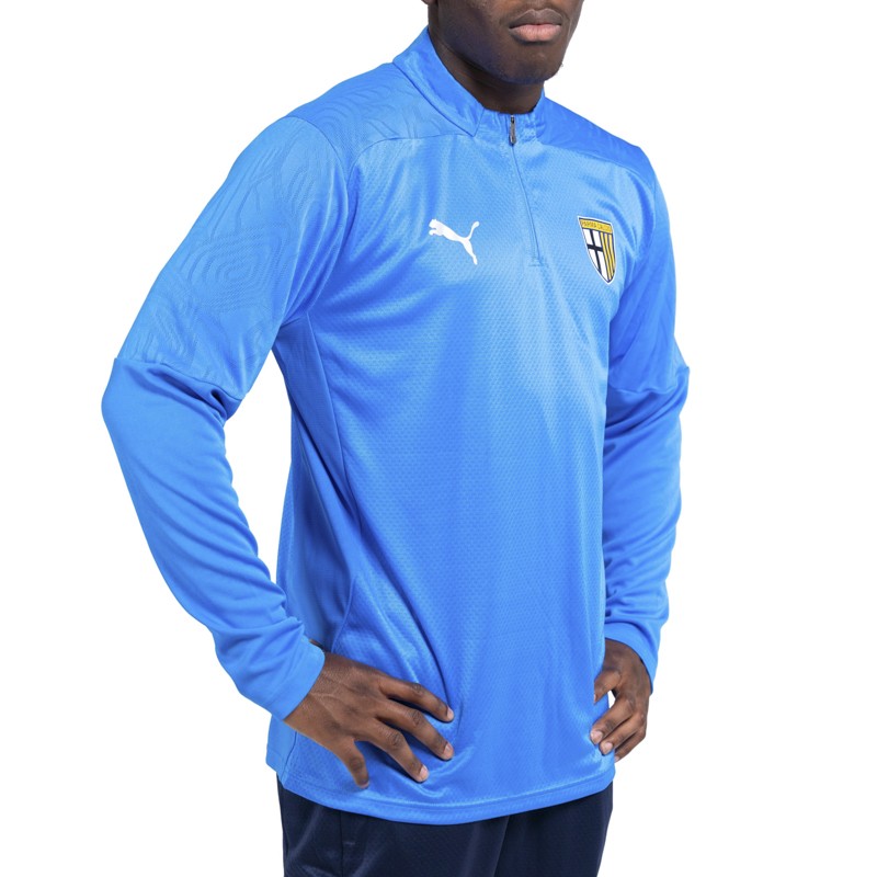 Felpa azzurra training con 1/4 zip texture geometrica sulle spalle e logo Parma Calcio