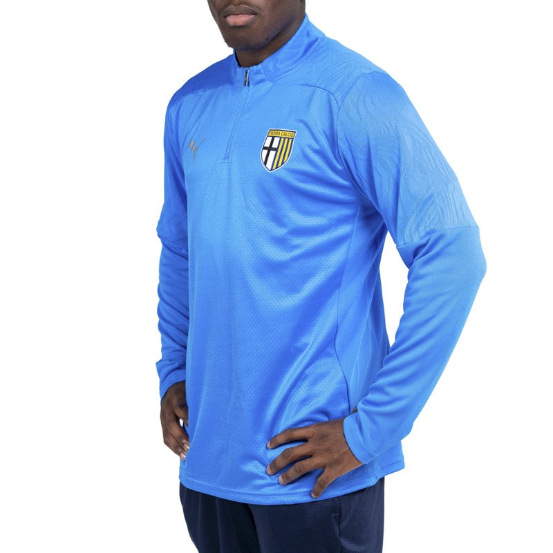 Felpa azzurra training con 1/4 zip texture geometrica sulle spalle e logo Parma Calcio
