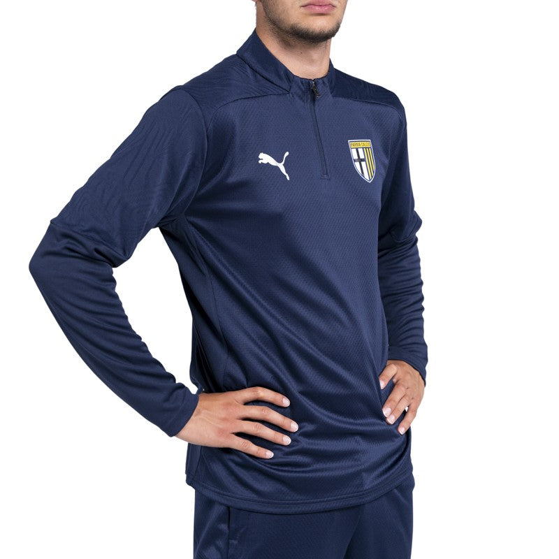 Felpa blu training con 1/4 zip texture geometrica sulle spalle e logo Parma Calcio