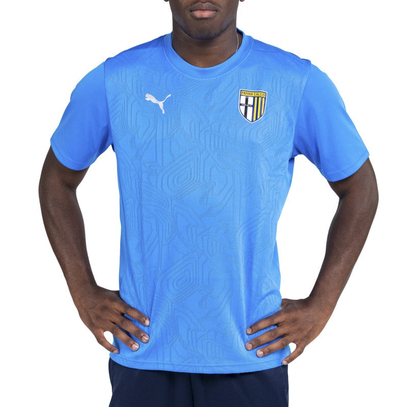 Maglia azzurra training mezze maniche con trama geometrica sul fronte e logo Parma Calcio