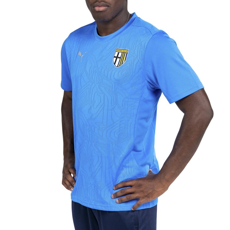 Maglia azzurra training mezze maniche con trama geometrica sul fronte e logo Parma Calcio