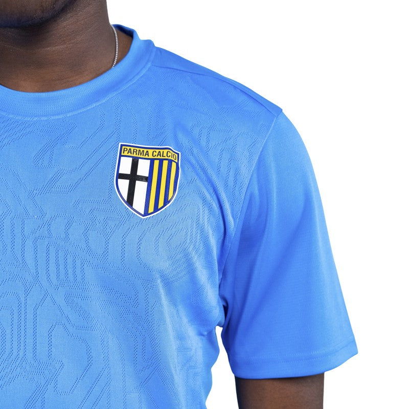 Maglia azzurra training mezze maniche con trama geometrica sul fronte e dettaglio logo Parma Calcio