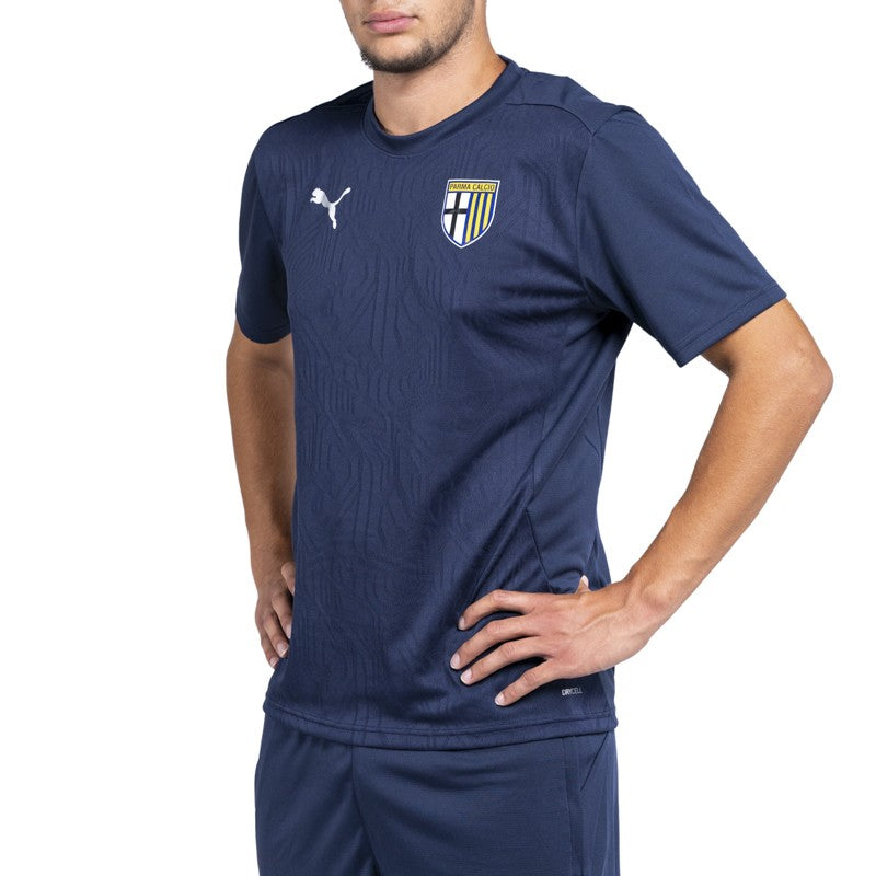 Maglia blu training mezze maniche con trama geometrica sul fronte e logo Parma Calcio