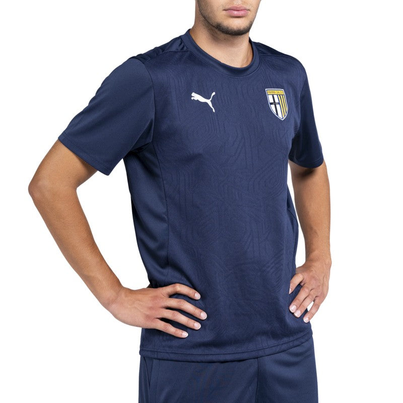 Maglia blu training mezze maniche con trama geometrica sul fronte e logo Parma Calcio