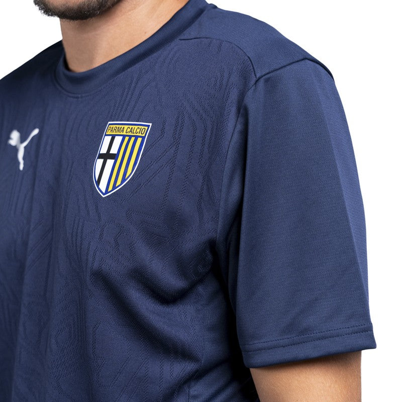 Maglia blu training mezze maniche con trama geometrica sul fronte e logo Parma Calcio