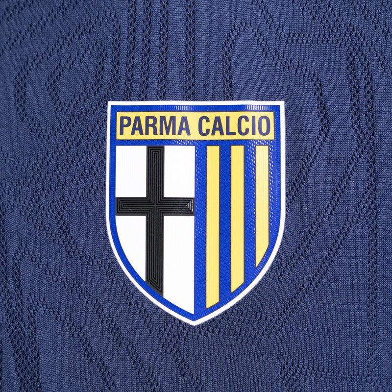 Maglia blu training mezze maniche con trama geometrica sul fronte e dettaglio logo Parma Calcio