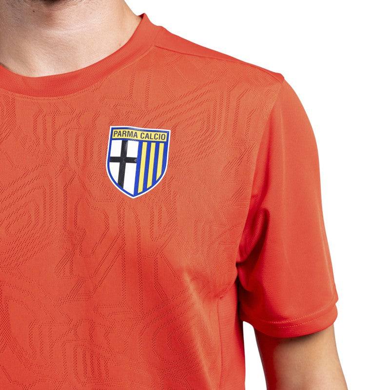 Maglia rossa training mezze maniche con trama geometrica sul fronte e logo Parma Calcio