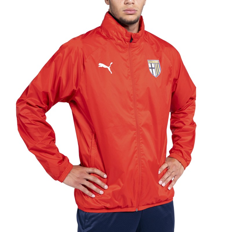 Giubbino antipioggia rosso con zip tasche laterali e cappuccio a scomparsa e logo Parma Calcio