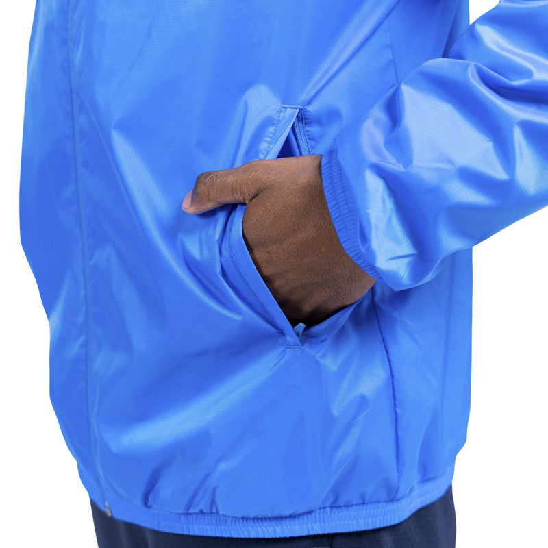 Giubbino antipioggia azzurro con zip tasche laterali e cappuccio a scomparsa e logo Parma Calcio