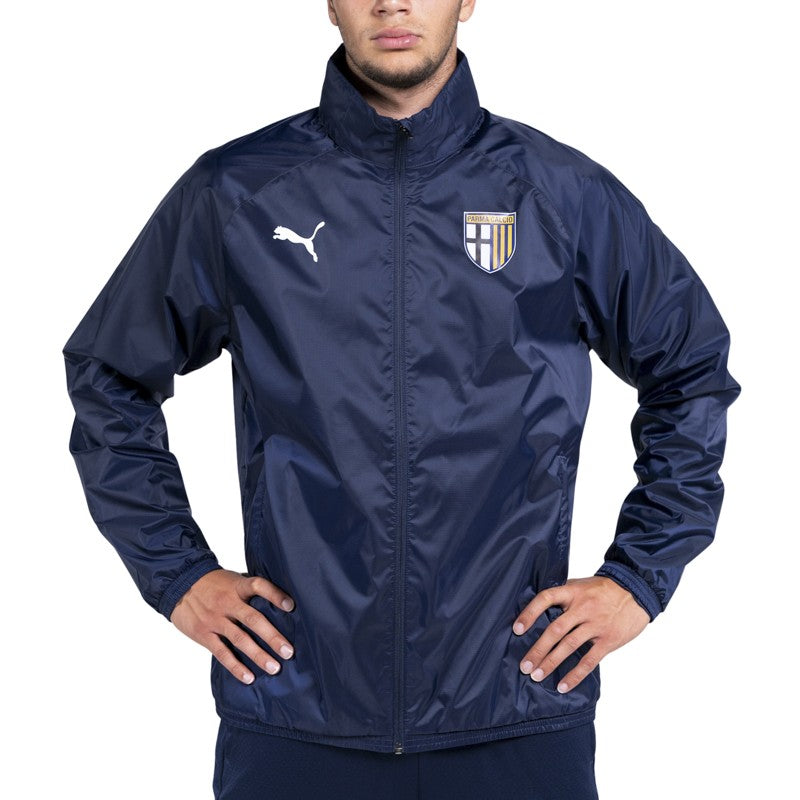 Giubbino antipioggia blu scuro con zip tasche laterali e cappuccio a scomparsa e logo Parma Calcio