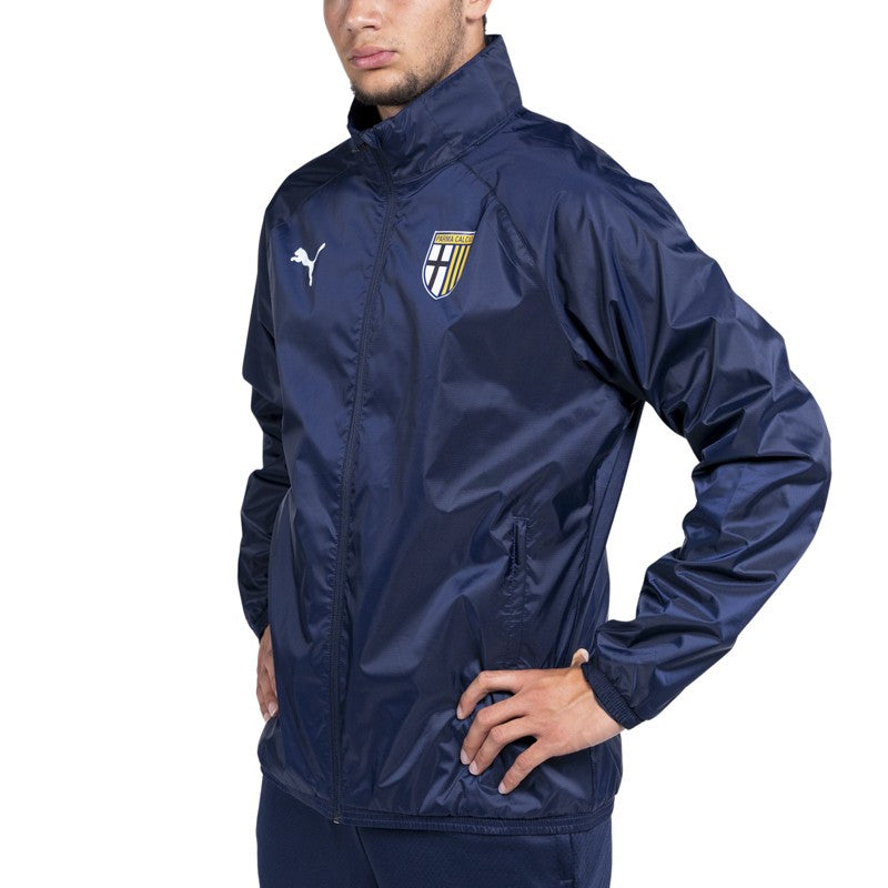 Giubbino antipioggia blu scuro con zip tasche laterali e cappuccio a scomparsa e logo Parma Calcio