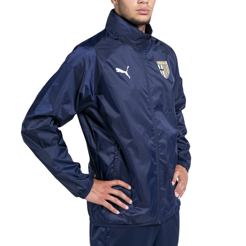 Giubbino antipioggia blu scuro con zip tasche laterali e cappuccio a scomparsa e logo Parma Calcio