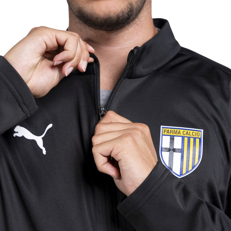 Felpa nera pre-match dettaglio apertura con zip e logo Parma Calcio