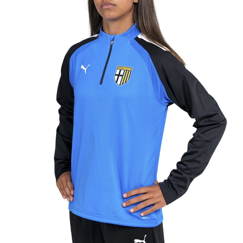Felpa azzurra training donna con maniche nere e bande bianche e 1/4 zip logo Parma Calcio e Puma