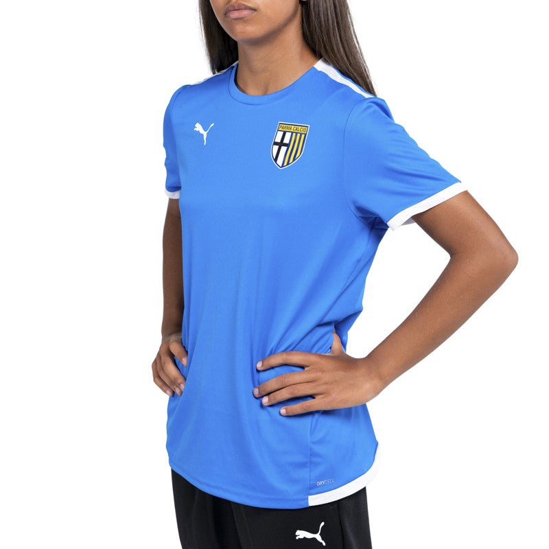 Maglia training donna azzurra con mezze maniche dettagli bianchi e logo Parma Calcio
