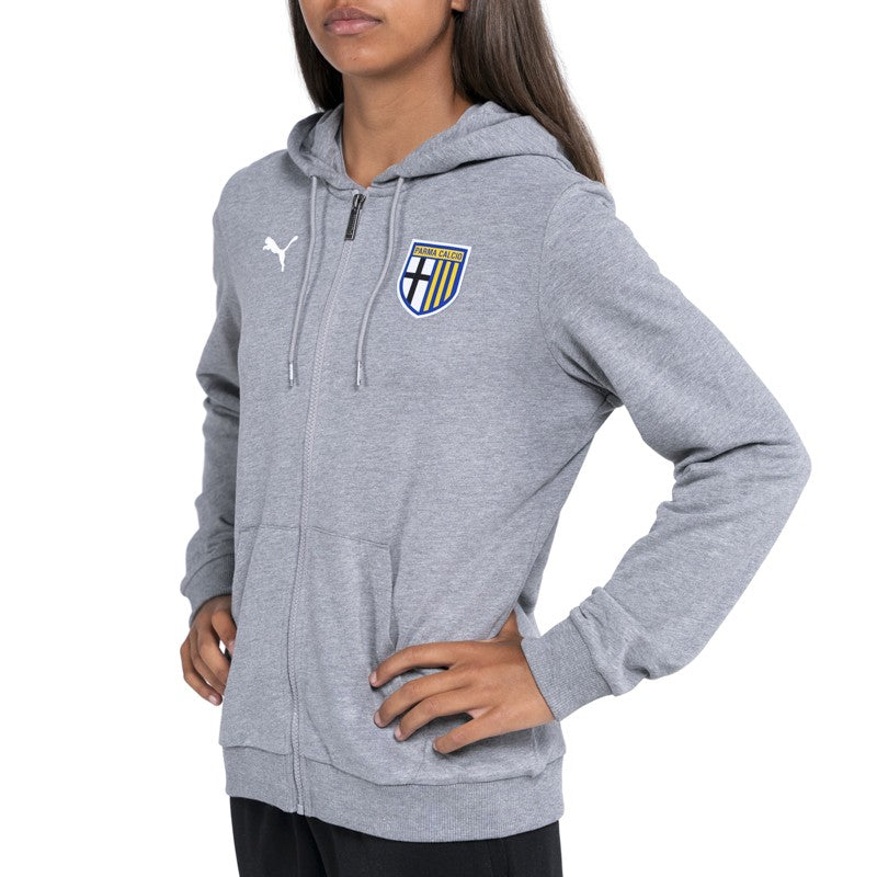 Felpa donna in cotone grigia con cappuccio, zip e logo Parma Calcio