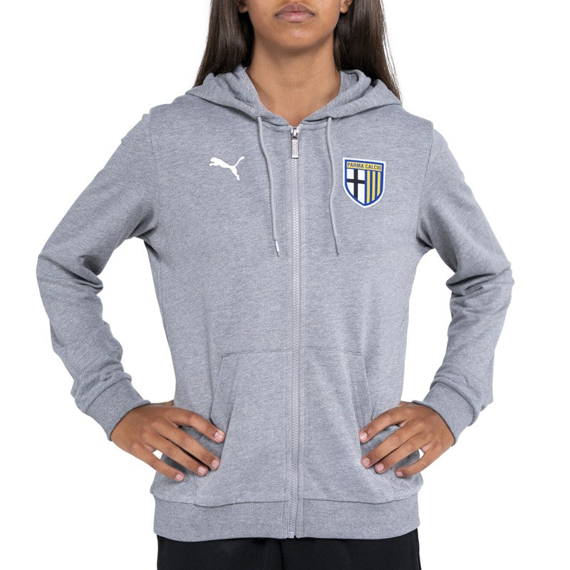 Felpa donna in cotone grigia con cappuccio, zip e logo Parma Calcio