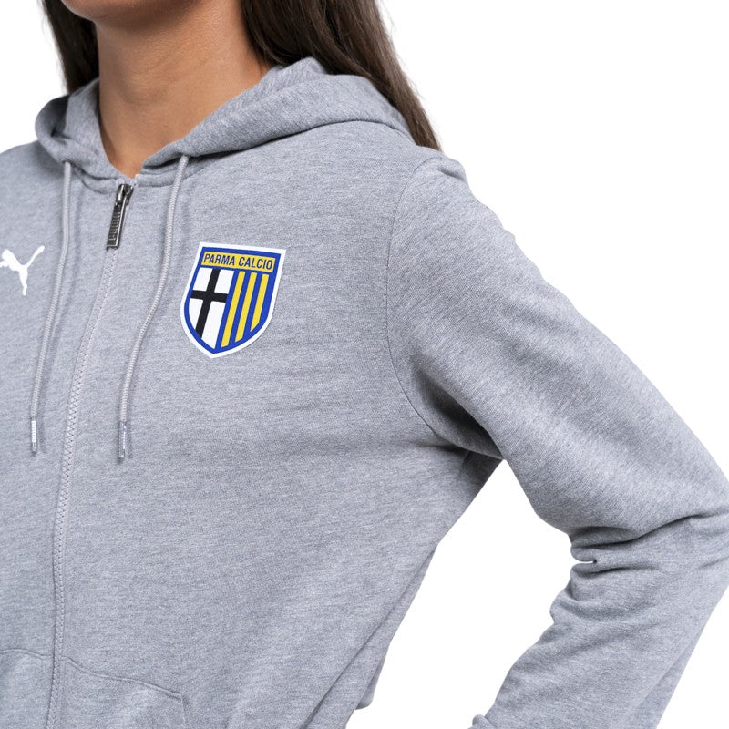 Felpa donna in cotone grigia con cappuccio, zip e logo Parma Calcio
