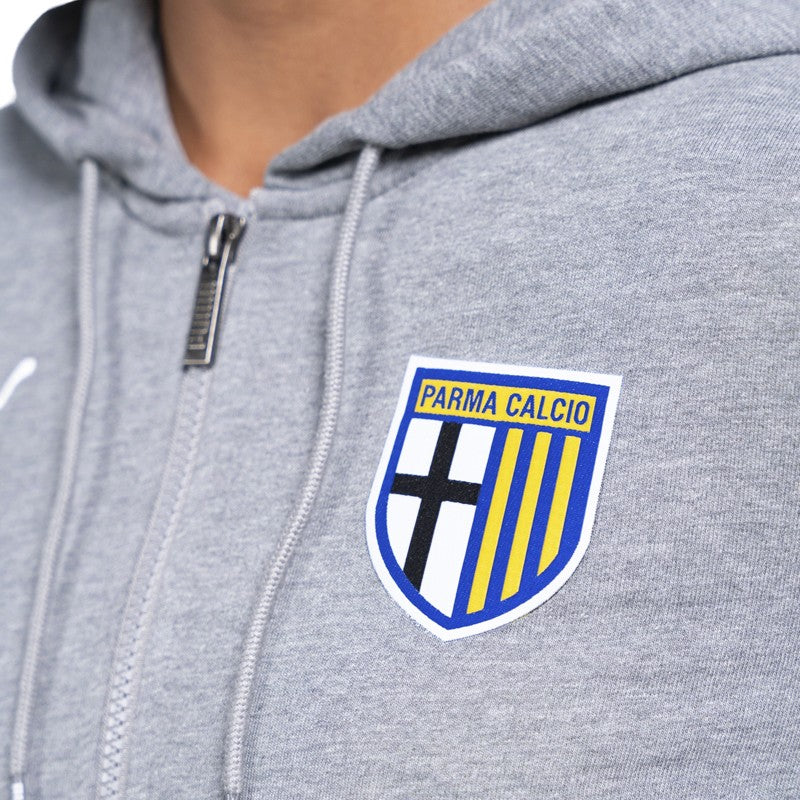 Felpa donna in cotone grigia con cappuccio, zip e logo Parma Calcio