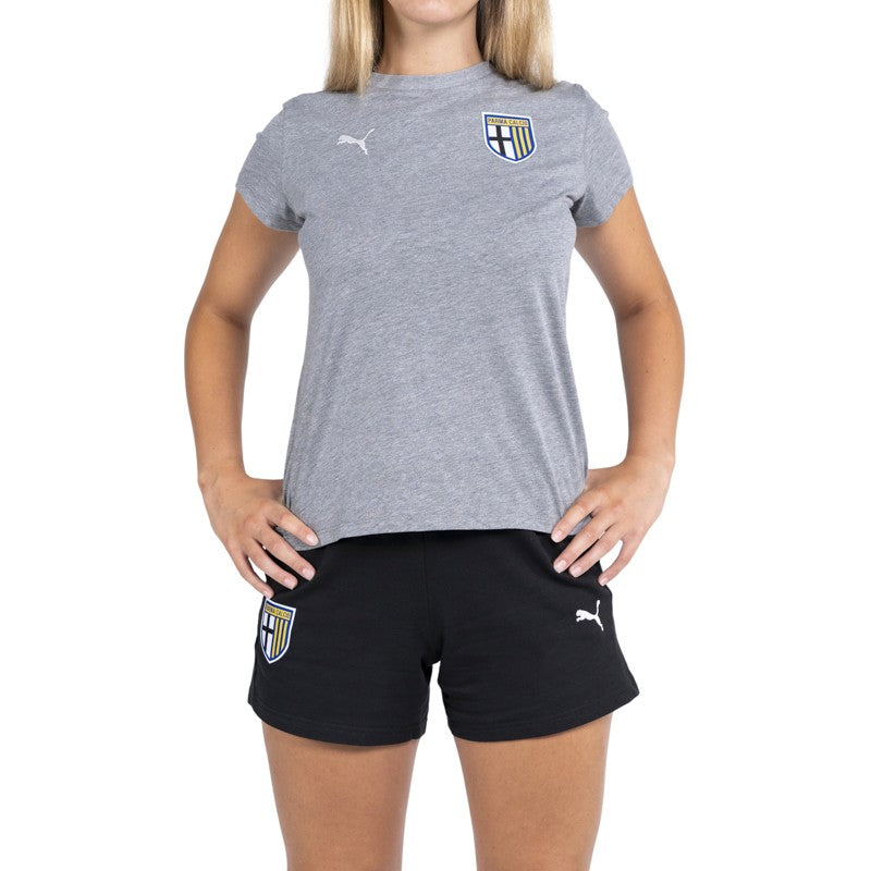 Bermuda nero donna in cotone con tasche laterali abbinato a t-shirt grigia parma calcio in cotone