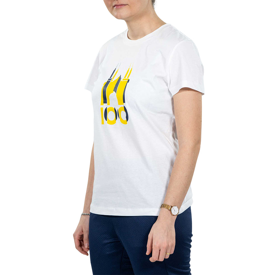 Ragazza indossa T-shirt con logo giallo e blu Tardini 100 Parma calcio