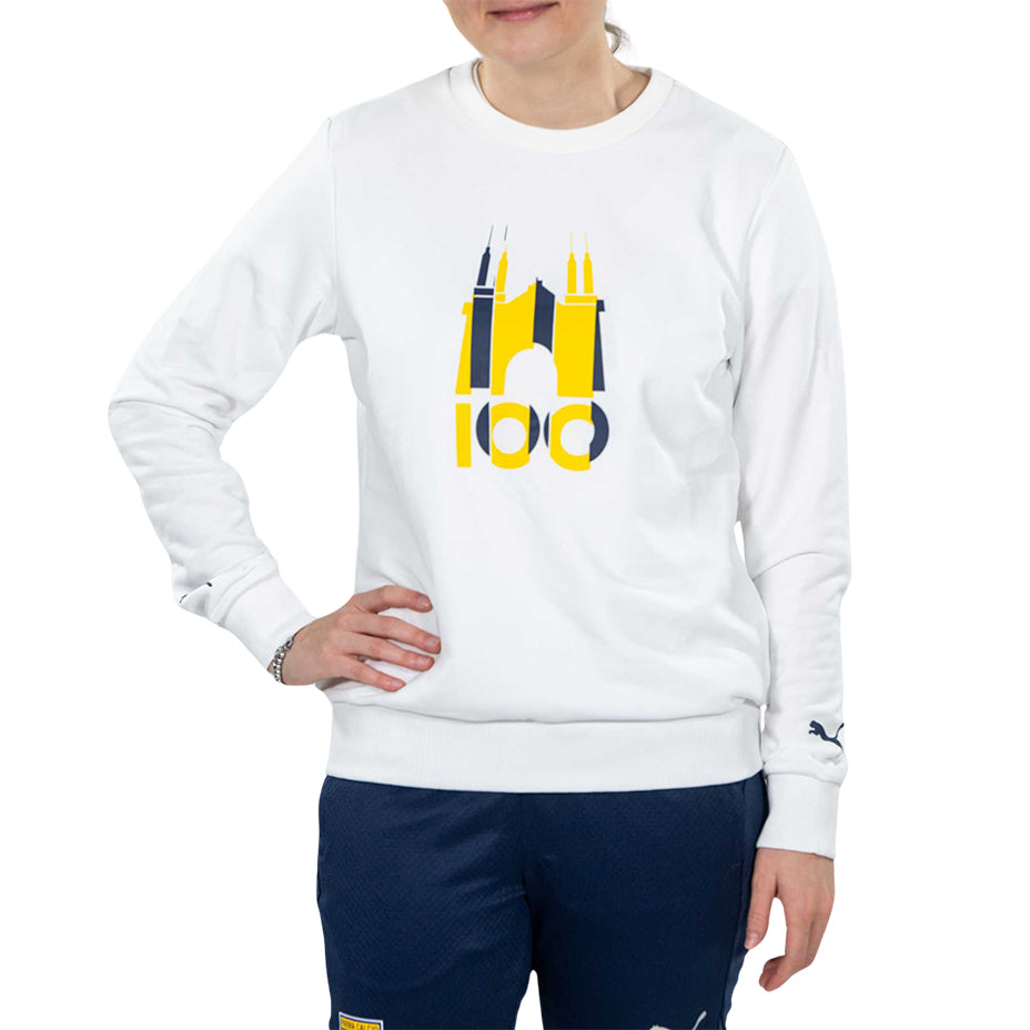 Ragazza indossa T-Felpa bianca con logo giallo e blu Tardini 100 Parma calcio