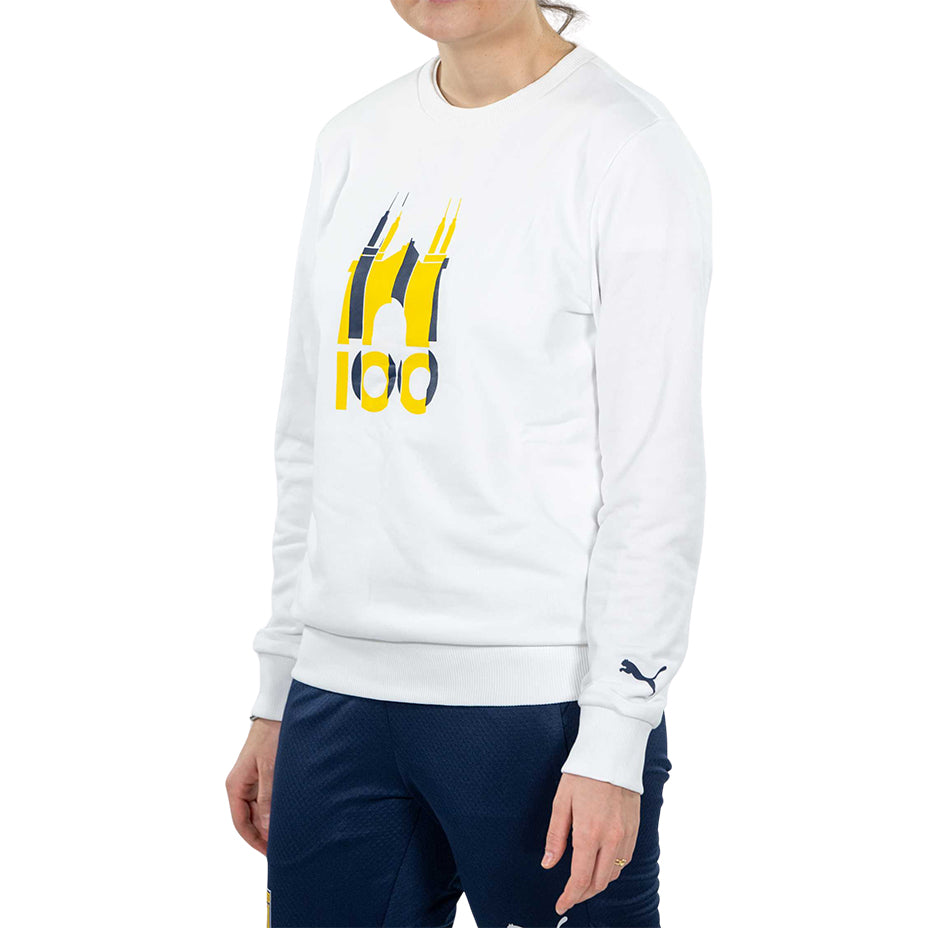 Ragazza indossa T-Felpa bianca con logo giallo e blu Tardini 100 Parma calcio