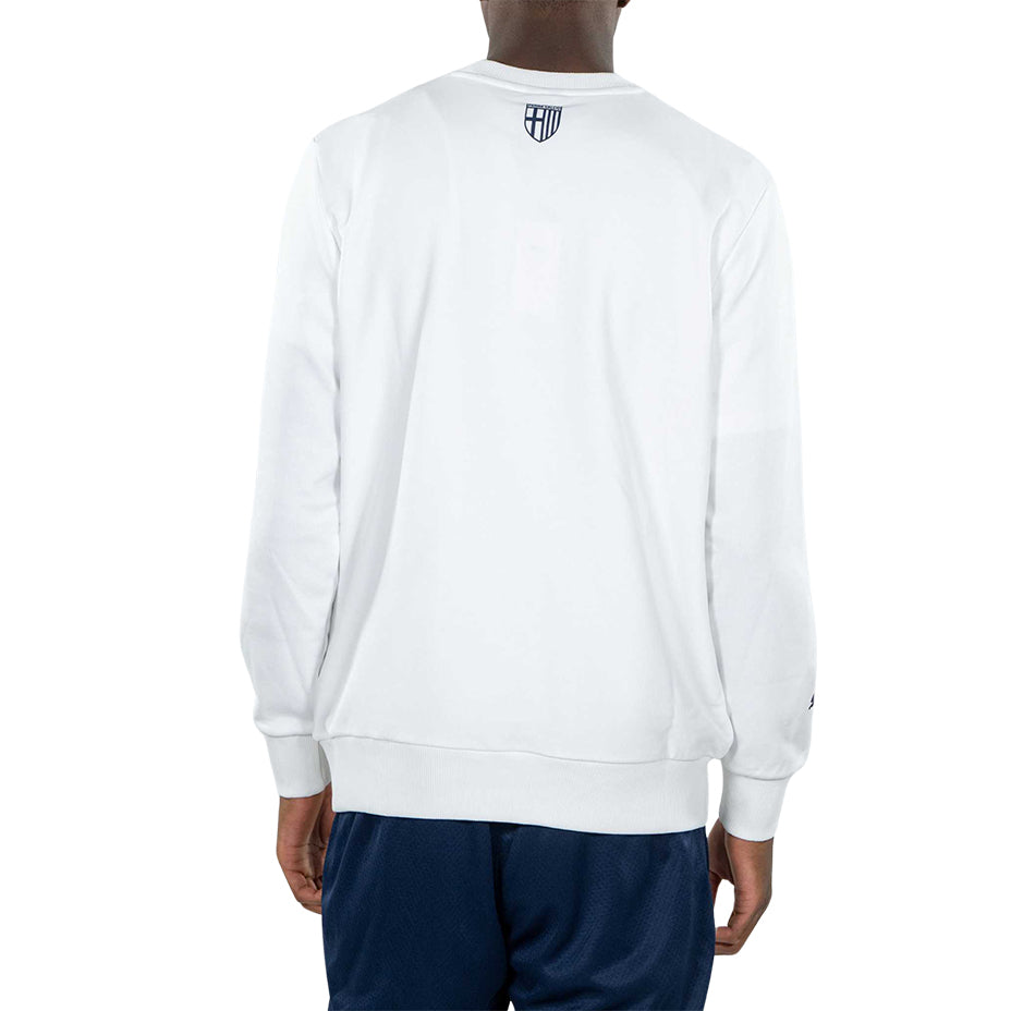 Ragazzo indossa felpa bianca con logo tardini 100 in colore giallo e blu